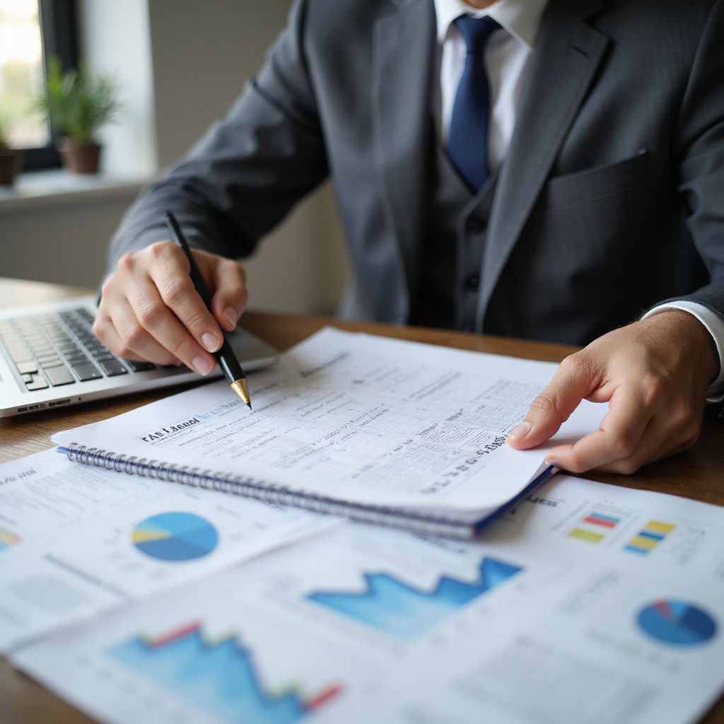 Person in a suit reviews documents at a desk, surrounded by graphs and a laptop.