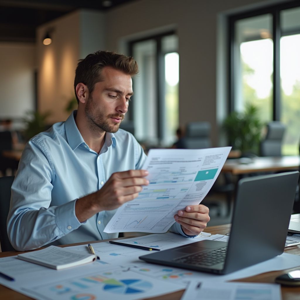 Man reviews paperwork, laptop open, in an office.