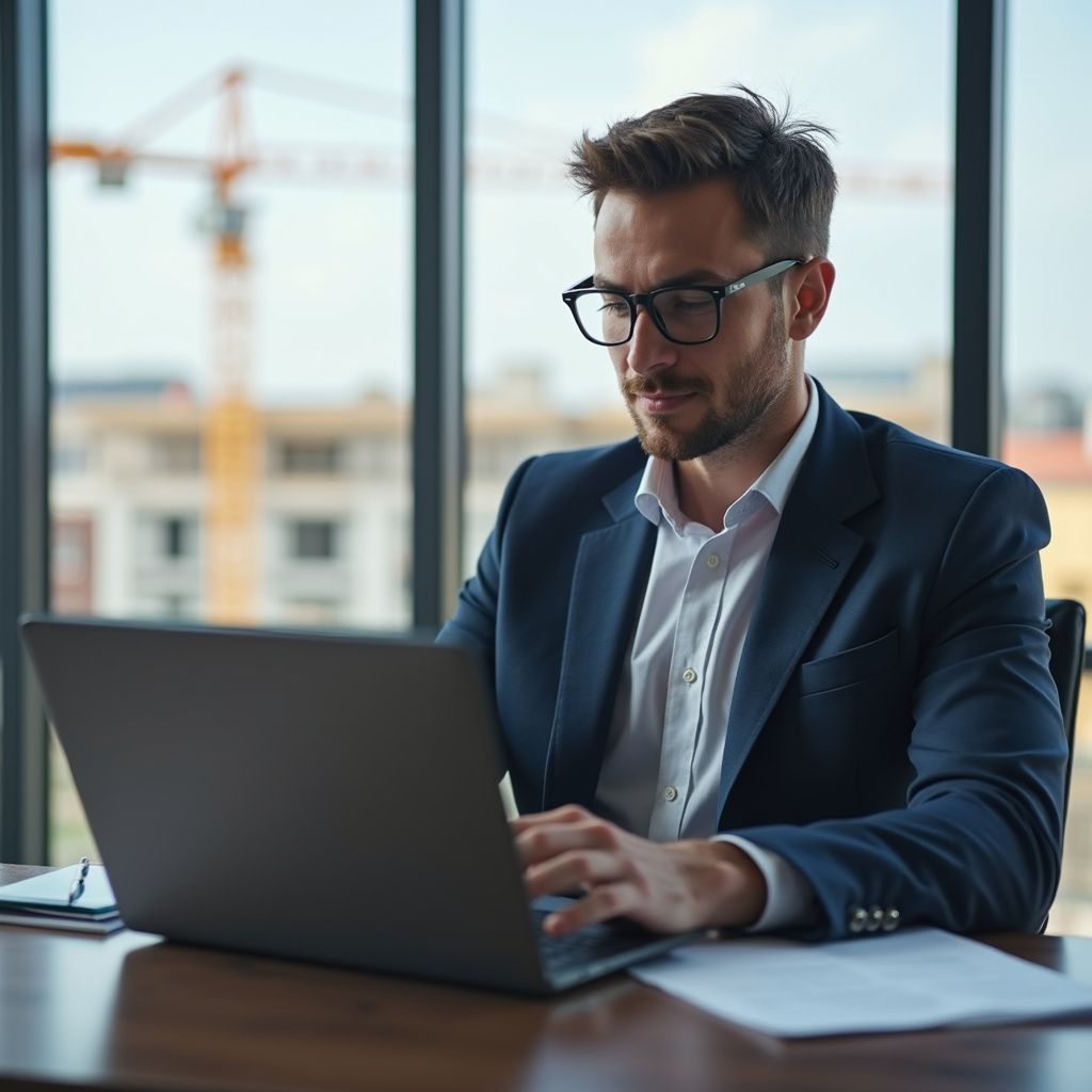 Man in suit and glasses working on laptop at a desk with a cityscape view.