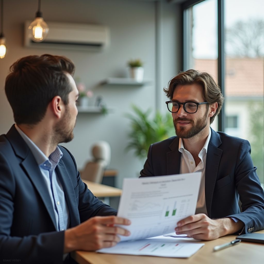 Two men in suits reviewing documents at a table. One holds a paper with graphs, the other looks on.