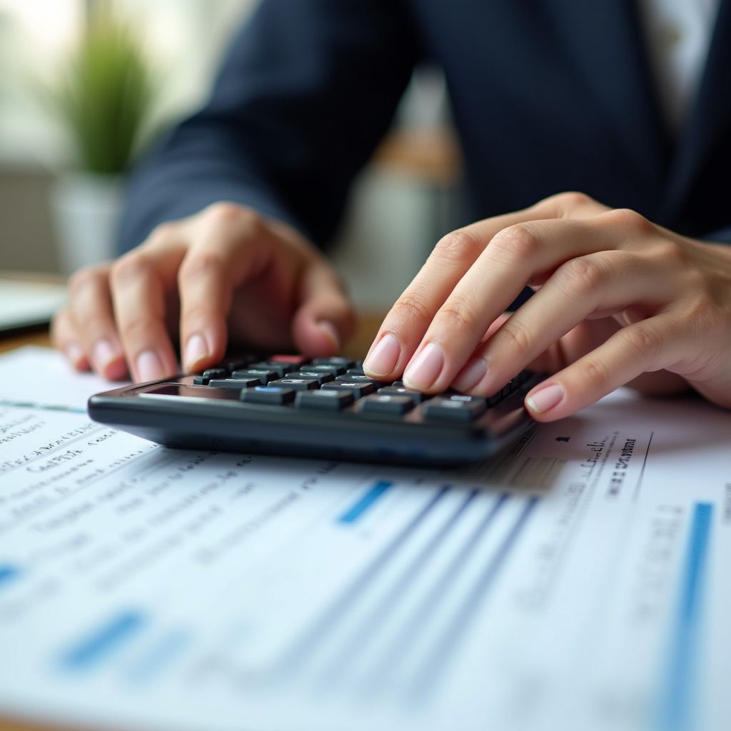 Hands using a calculator, resting on financial documents.