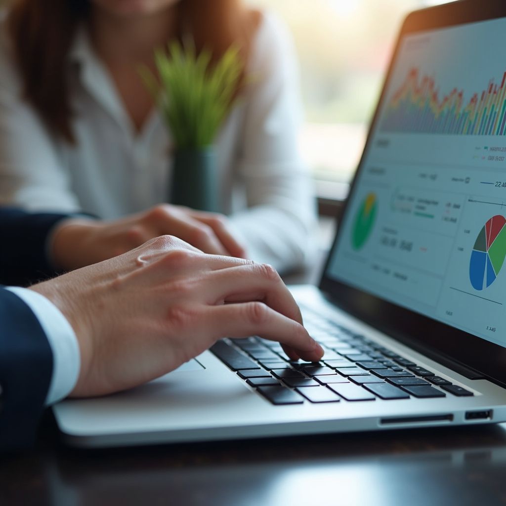 Person's hands typing on a laptop displaying financial data; another person in background.