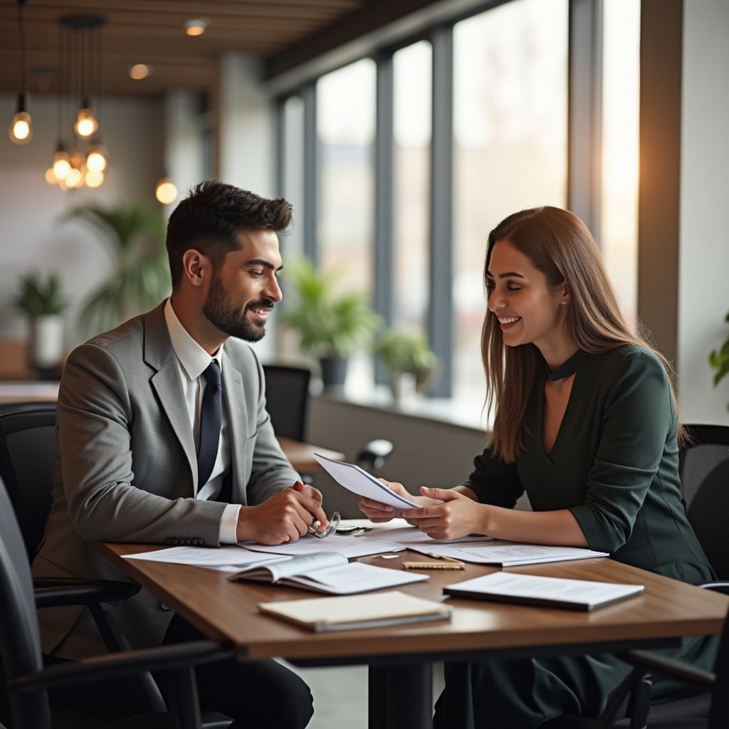 Man and woman in business attire reviewing documents at a table in a modern office, smiling.