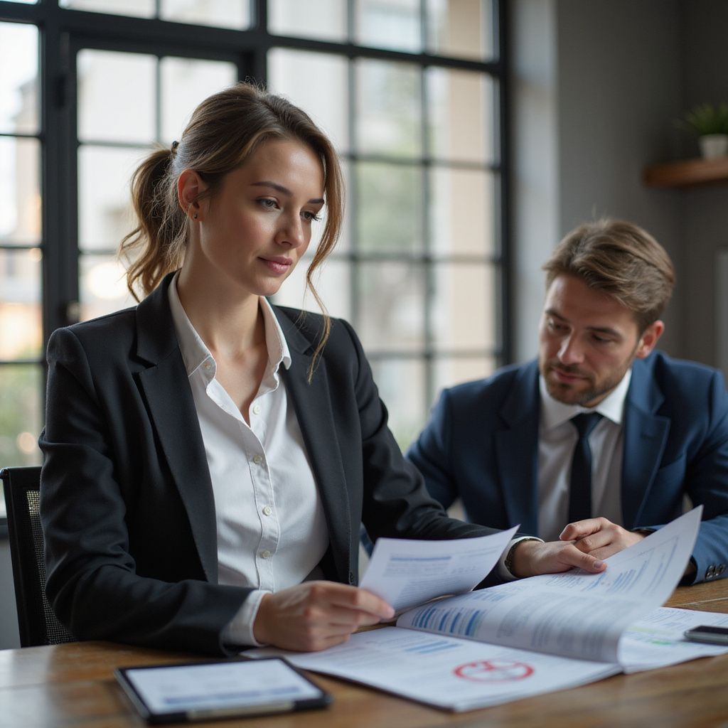 Woman and man in suits reviewing documents at a table.