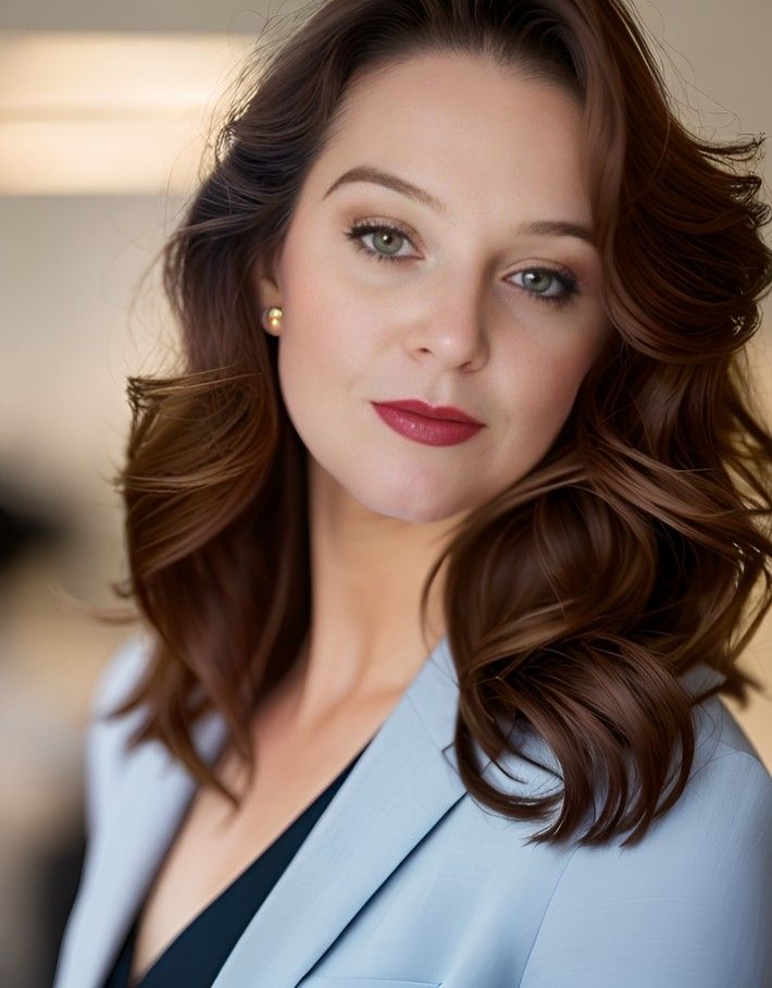 Woman with wavy brown hair, wearing a light blue blazer and dark lipstick, looking towards the camera.