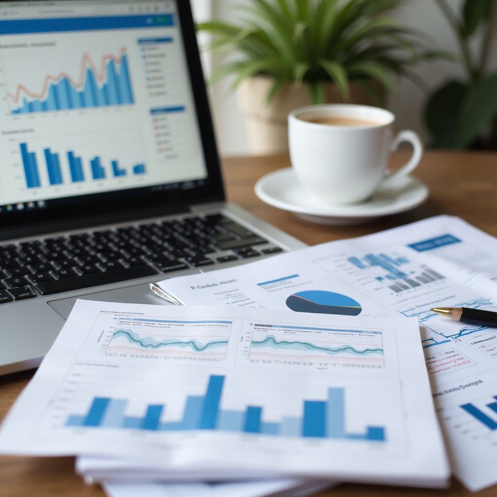 Laptop displaying charts, documents with graphs, pen, and coffee cup on wooden table.
