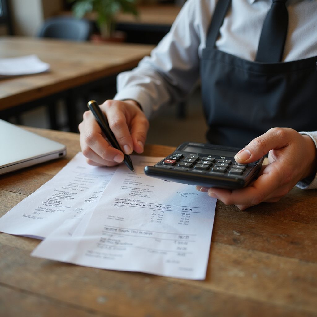 Person in uniform using a calculator to review a receipt at a wooden table.
