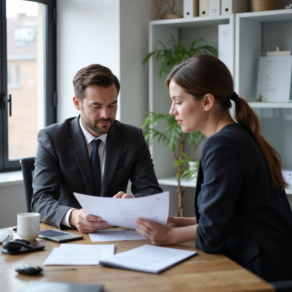 A man and woman in suits reviewing paperwork at a desk in an office.