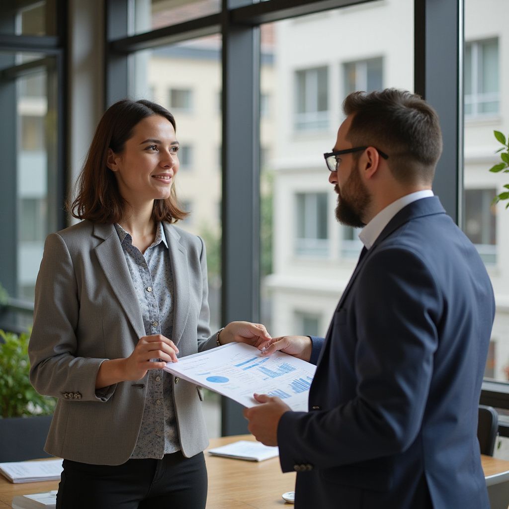 Woman and man in suits reviewing documents in an office setting.