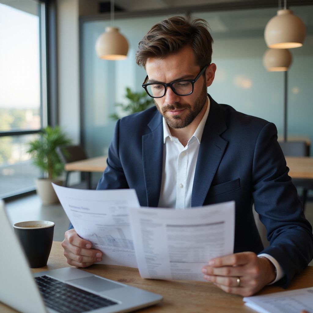 Man in suit and glasses reads documents at a desk in an office setting.