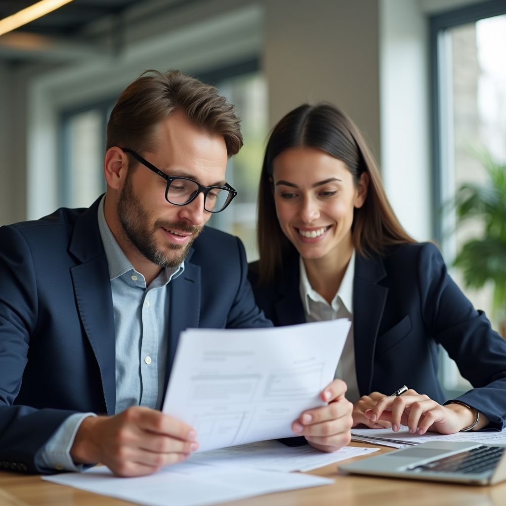Two people in business attire reviewing documents, smiling at a table with a laptop.