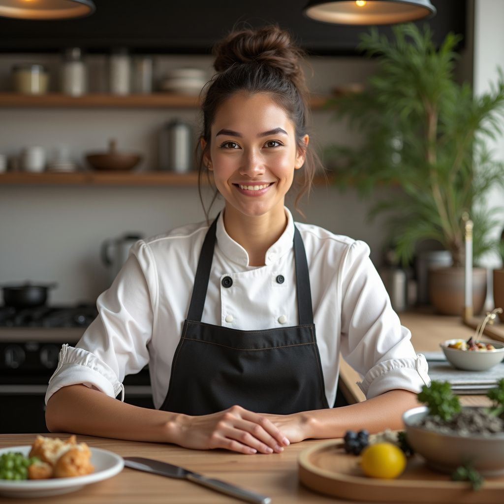 Chef smiling in kitchen, wearing apron, arms resting on counter near food.