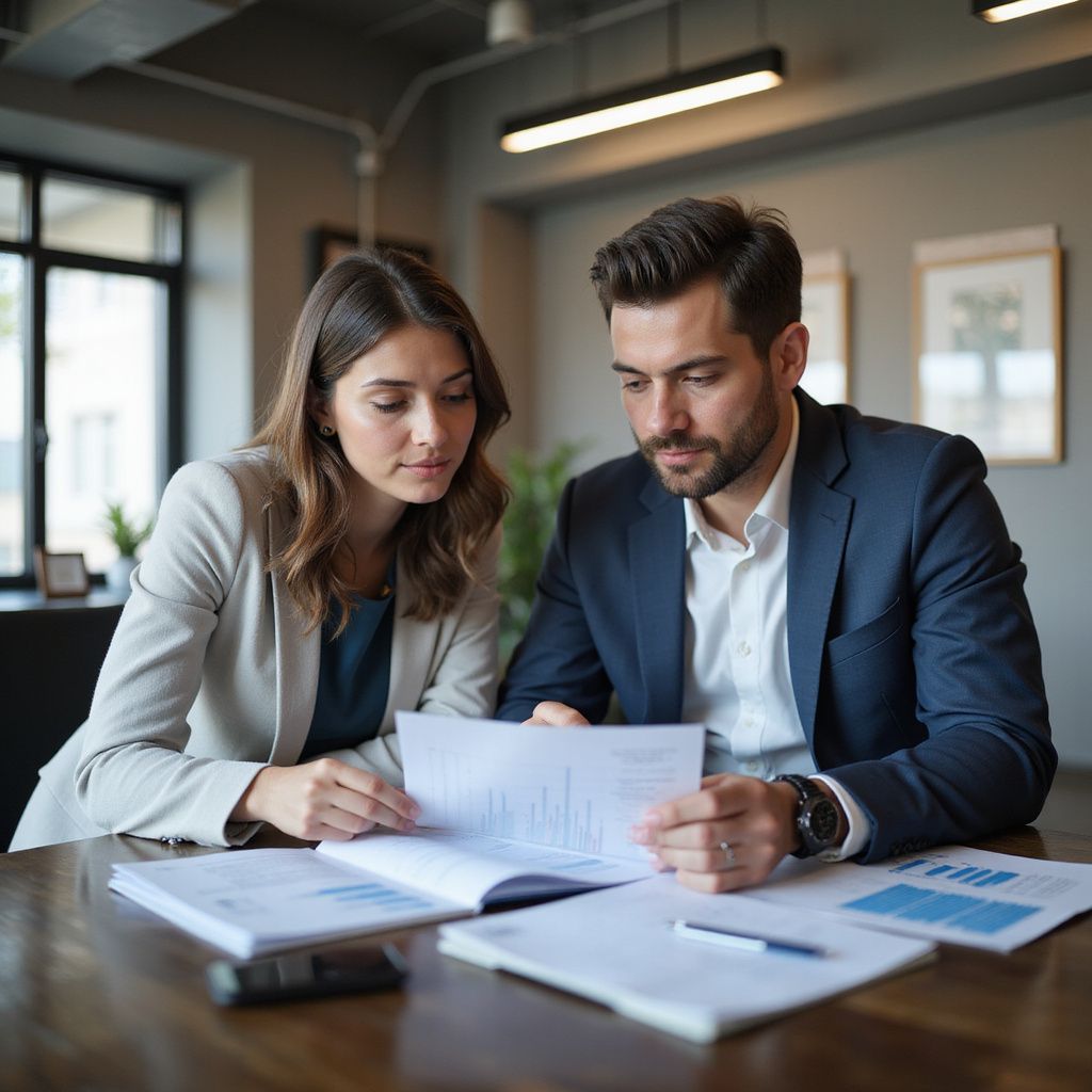 Two people reviewing documents in an office setting. They are sitting at a table, looking intently at the paperwork.