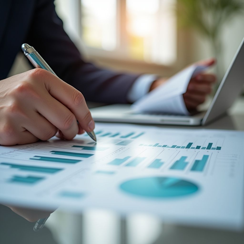 Person in suit analyzing financial charts with a pen and laptop in office.