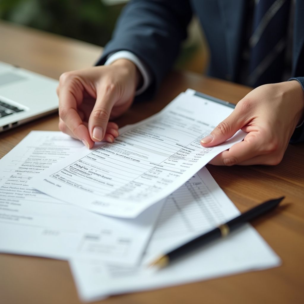 Person in suit examining paperwork with pen and laptop on a wooden desk.