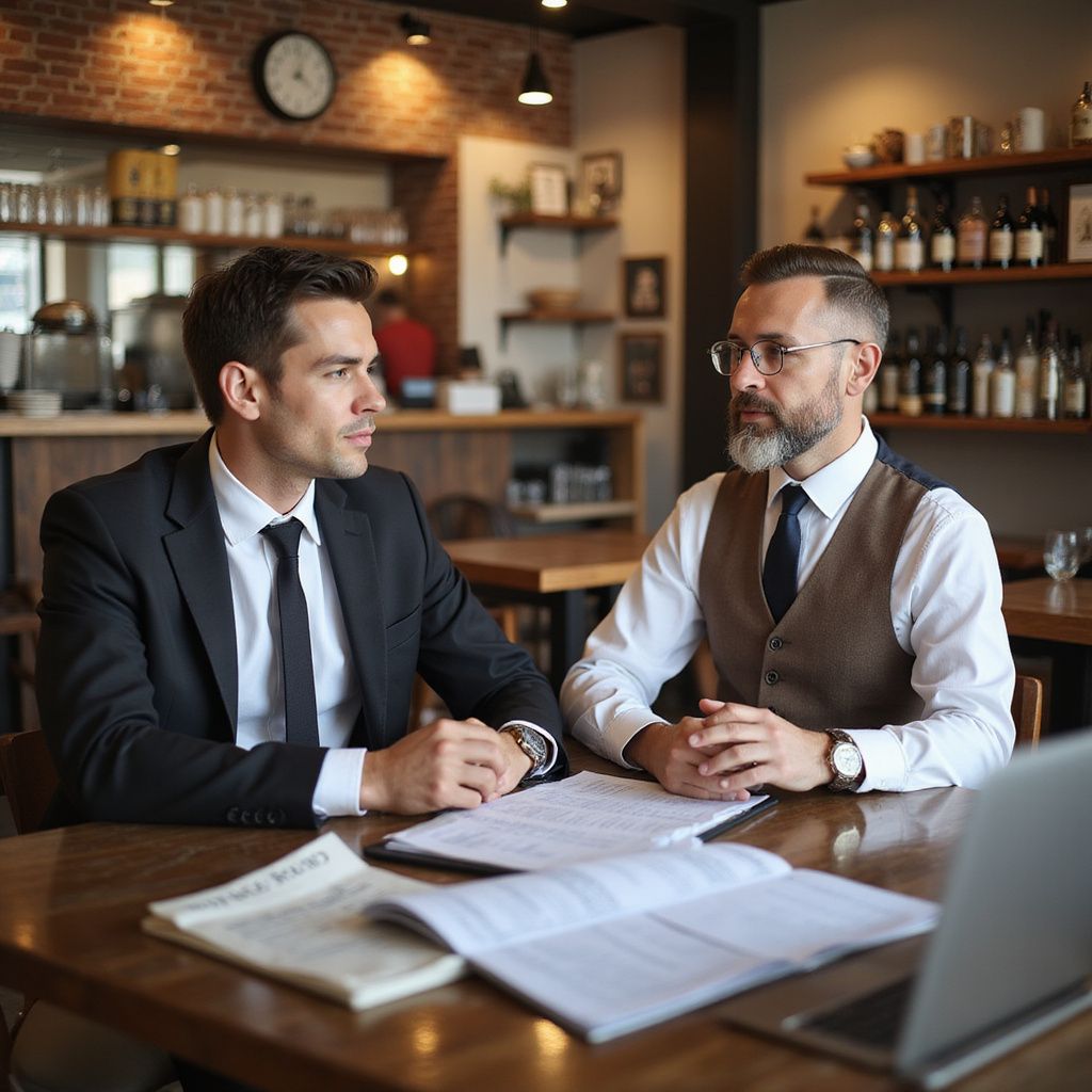 Two men in suits at a table in a cafe, reviewing documents, one with a laptop.