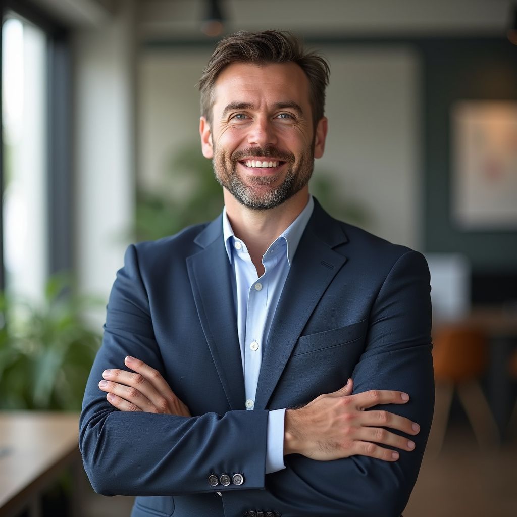 Man in blue suit, arms crossed, smiling in office setting.