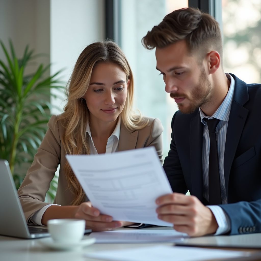 Woman and man in suits reviewing document together at a desk.