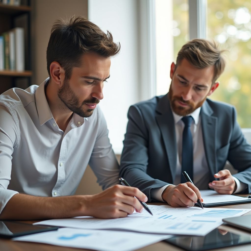 Two men reviewing paperwork at a desk, focused, in an office setting.
