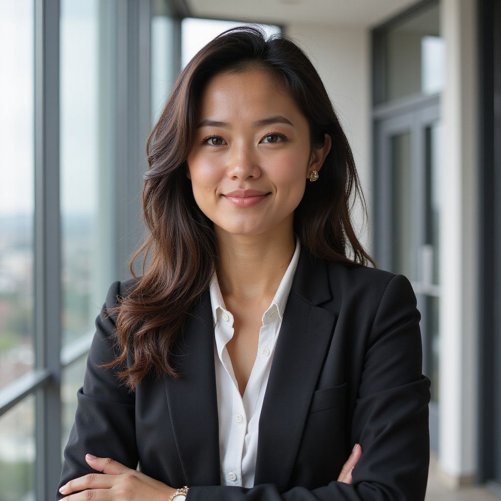 Woman in black suit, arms crossed, smiling in an office setting.