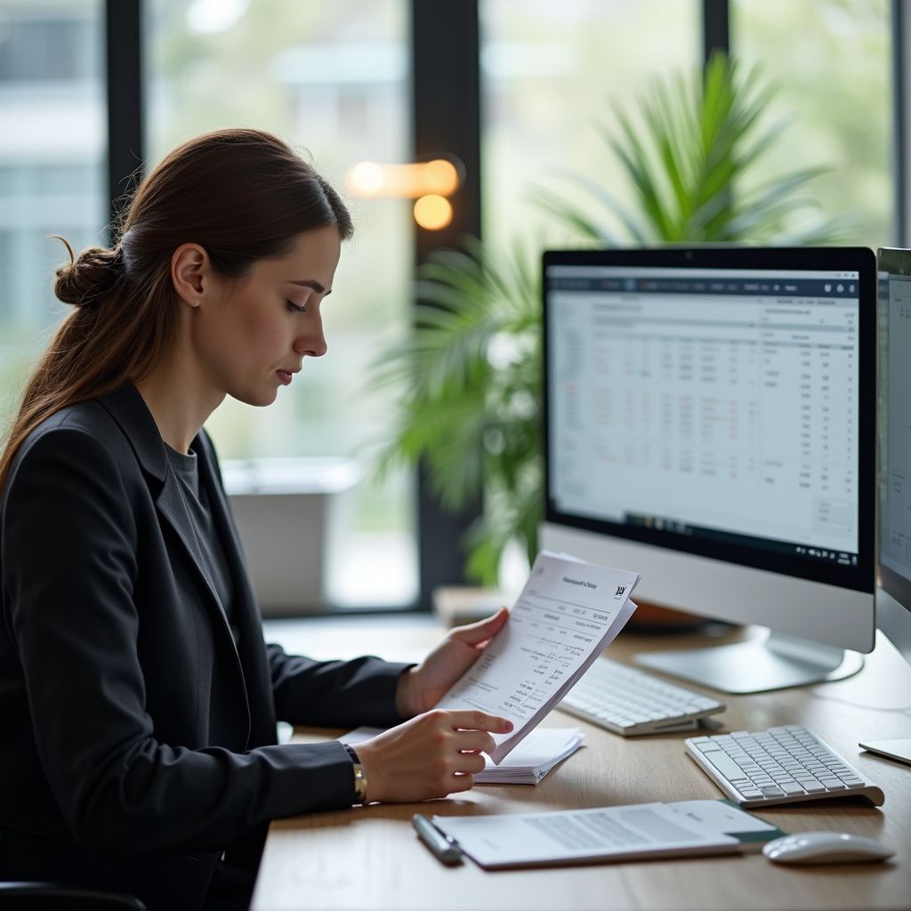 Woman in a suit, reading paperwork at a desk with a computer and keyboard, focused in an office setting.