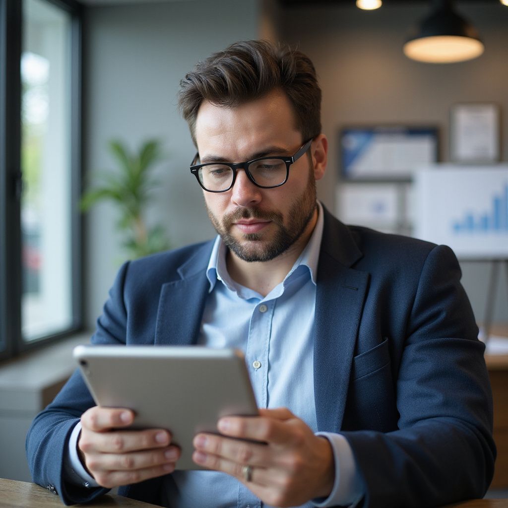 Man in a blue suit and glasses using a tablet, looking down, in an office.