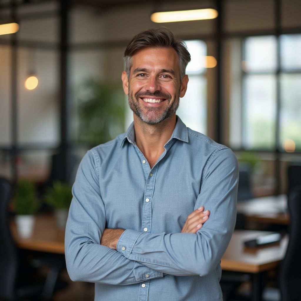 Man with crossed arms smiling in an office setting. Blue shirt, gray hair.