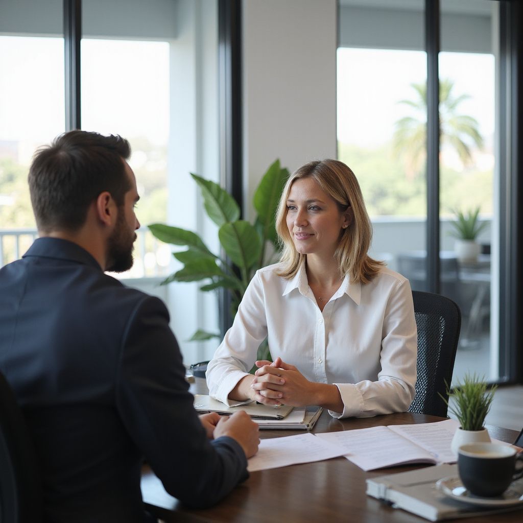 Man and woman in a meeting, seated at a table. The woman smiles, documents on the table. Sunlight streams in.