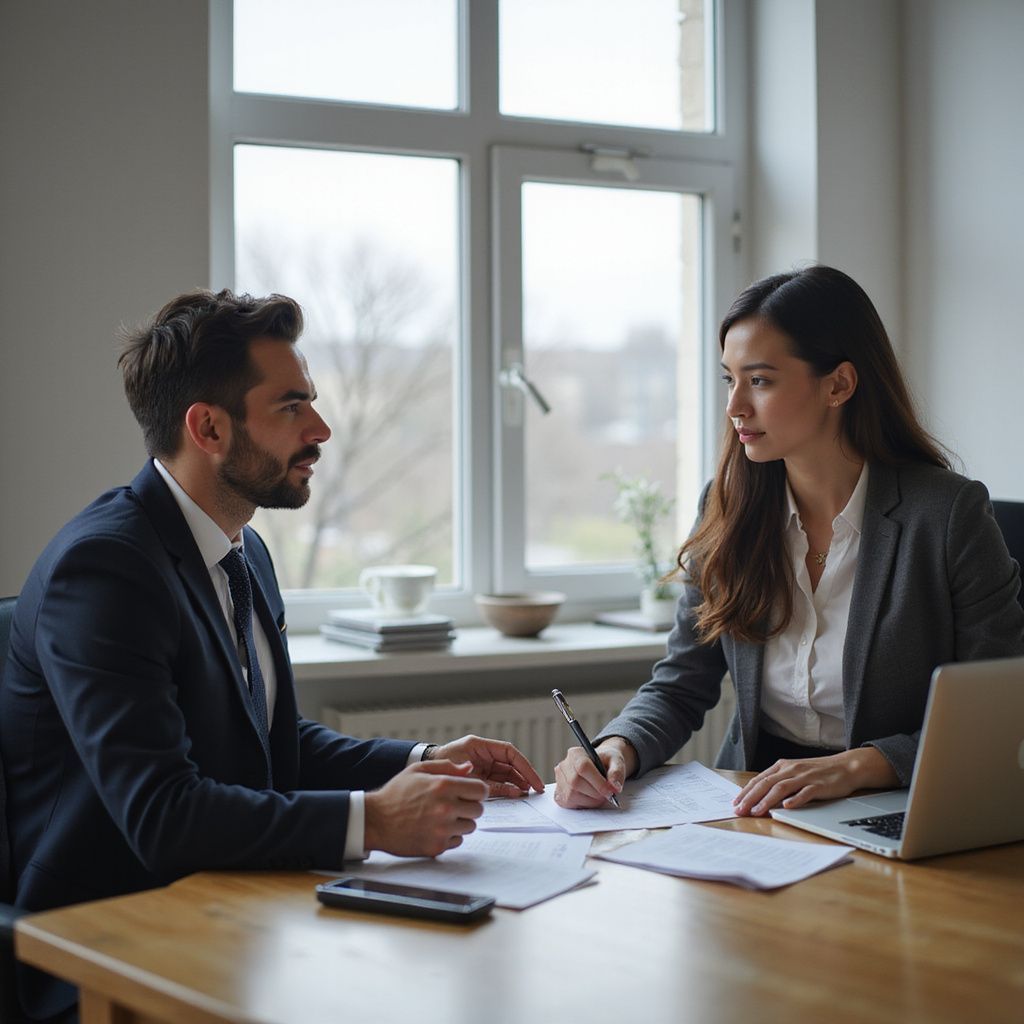 Man and woman in suits at a table; reviewing documents and laptop in office setting.