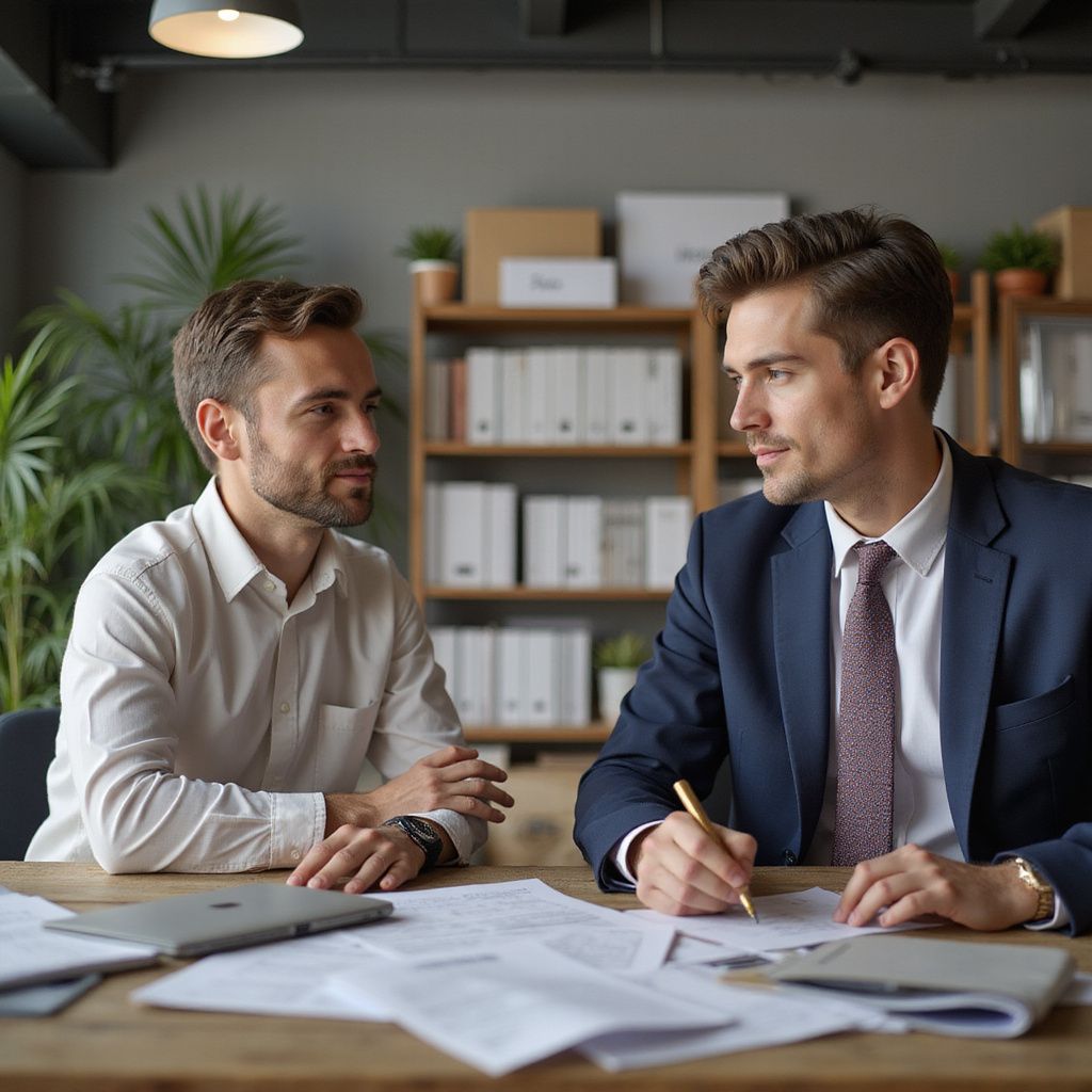 Two men in an office setting reviewing paperwork. One man in suit writes. Another in a white shirt listens.