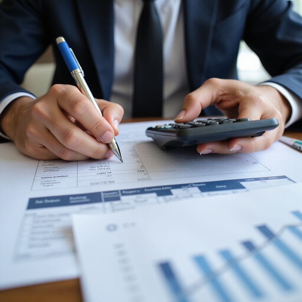 A person in a suit calculating on a calculator while writing on financial documents.