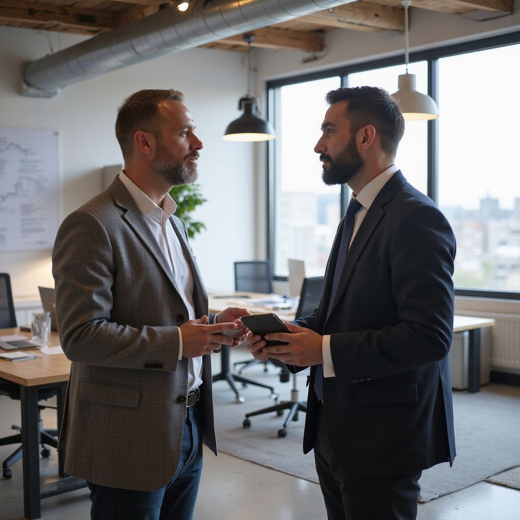 Two men in office, discussing, one holding a phone. Modern office setting.
