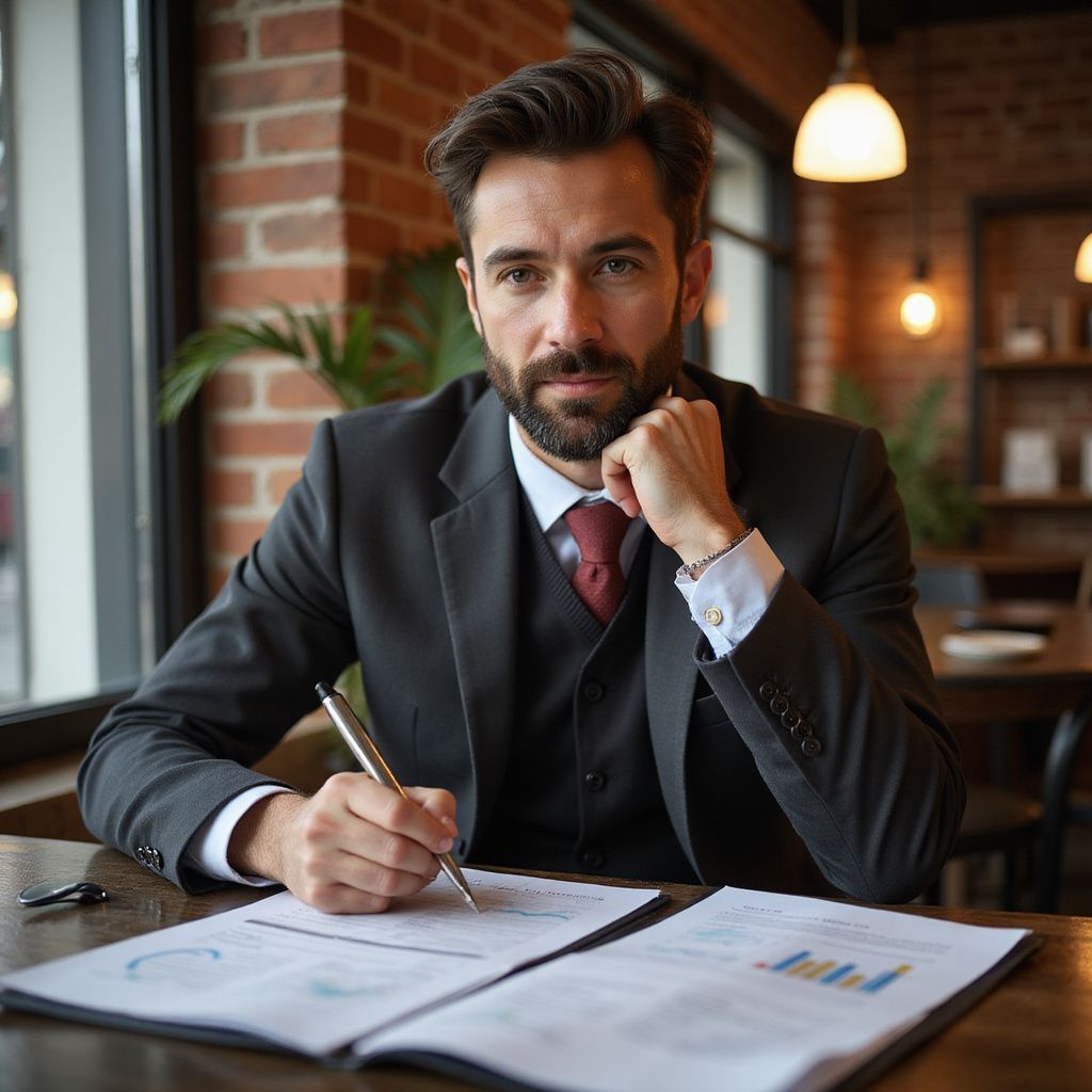 Man in suit writing on papers at a table in a cafe, looking at the camera.