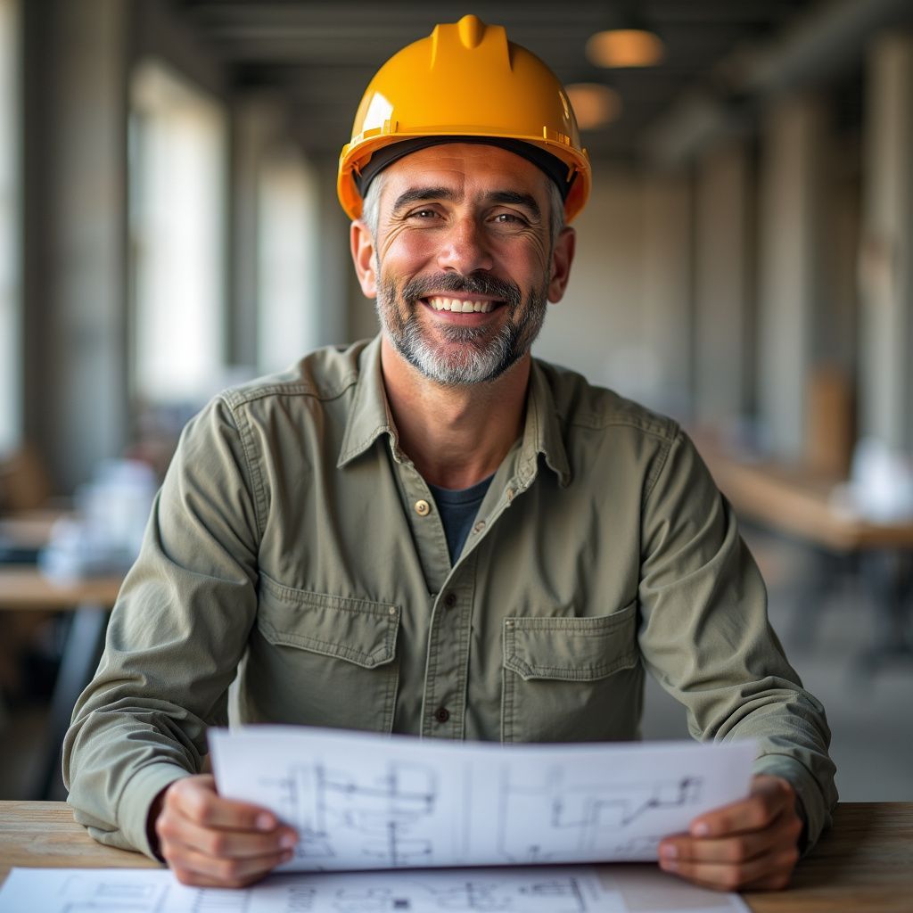 Construction worker wearing a yellow hard hat, smiling while holding blueprints.