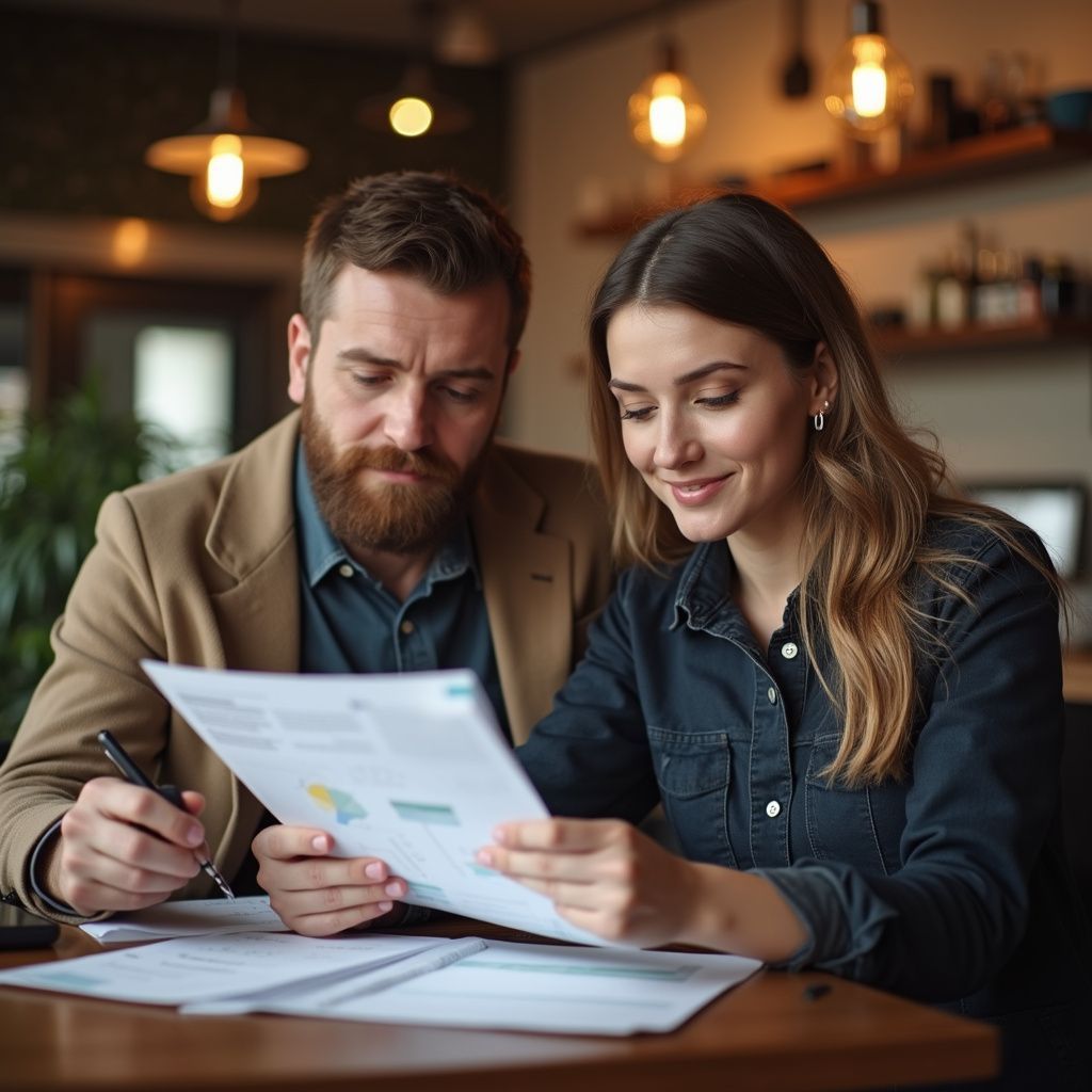 A man and woman review paperwork at a table in a cafe, both smiling and focused.