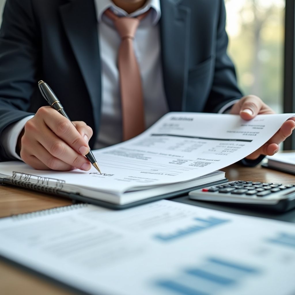 Person in a suit signing paperwork with a pen, calculator and charts on the desk.