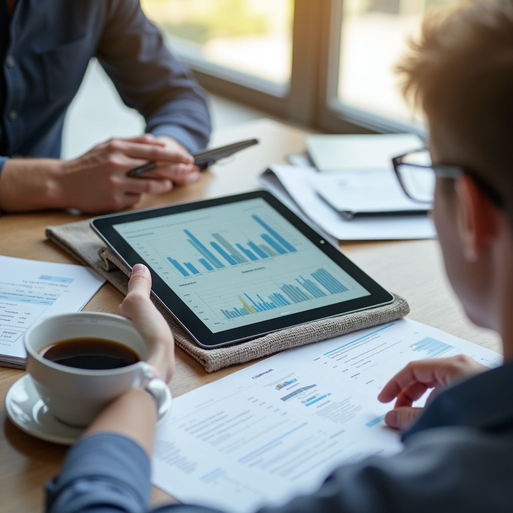 Person holding tablet displaying graphs, reviewing documents with coffee; office setting.