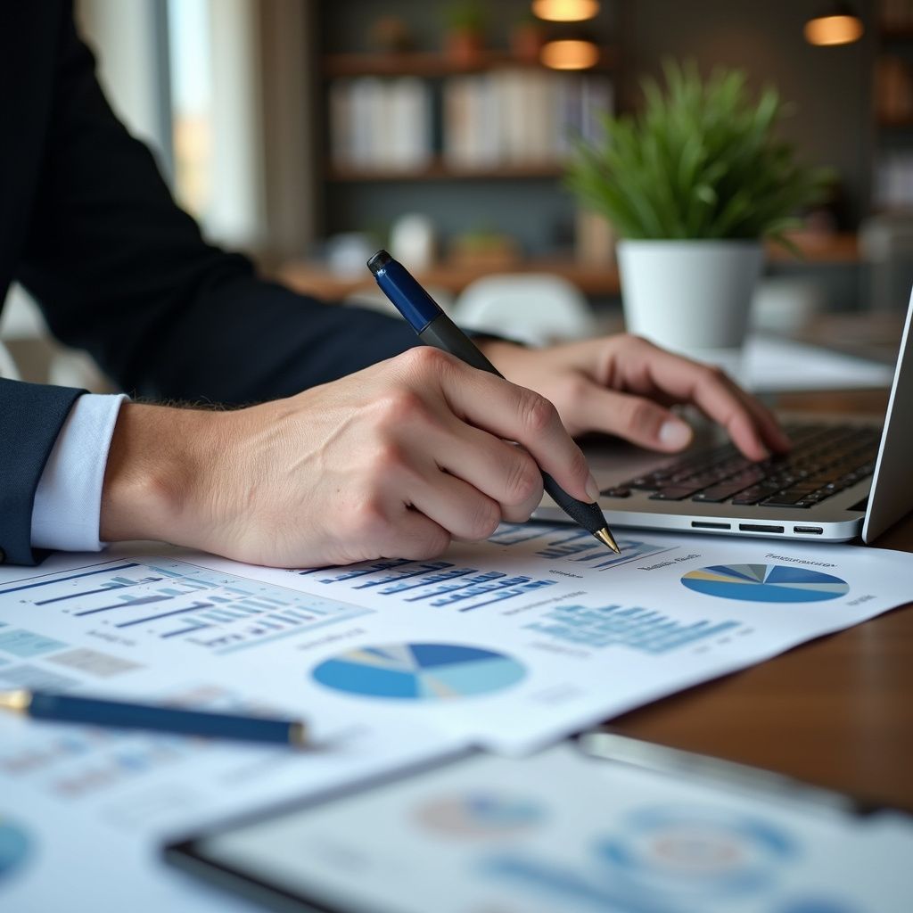 Person in suit writing on financial charts, laptop open, small plant in background.