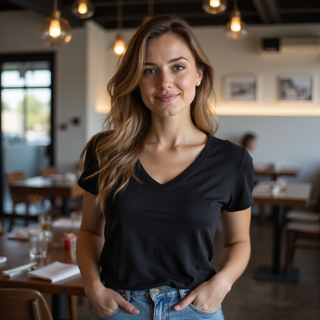 Woman in black shirt and jeans smiling in a restaurant, hands in pockets.