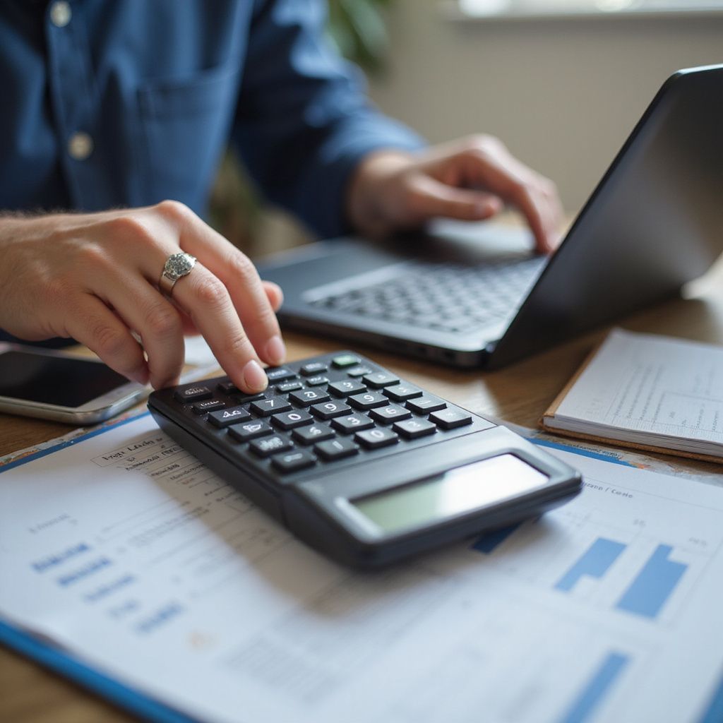 Person calculating with a calculator, using a laptop, and reviewing financial documents on a desk.