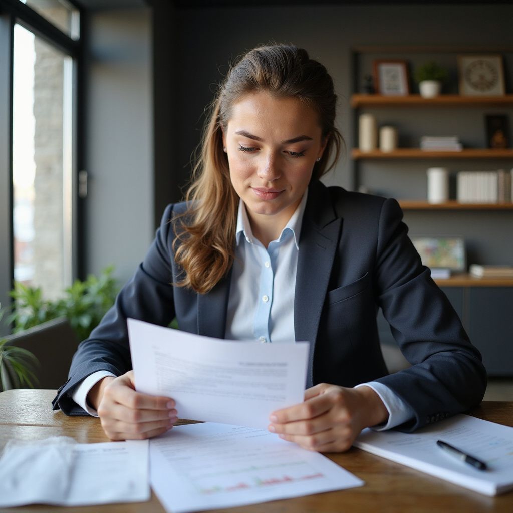 Woman in a blazer, reading documents at a desk in an office.