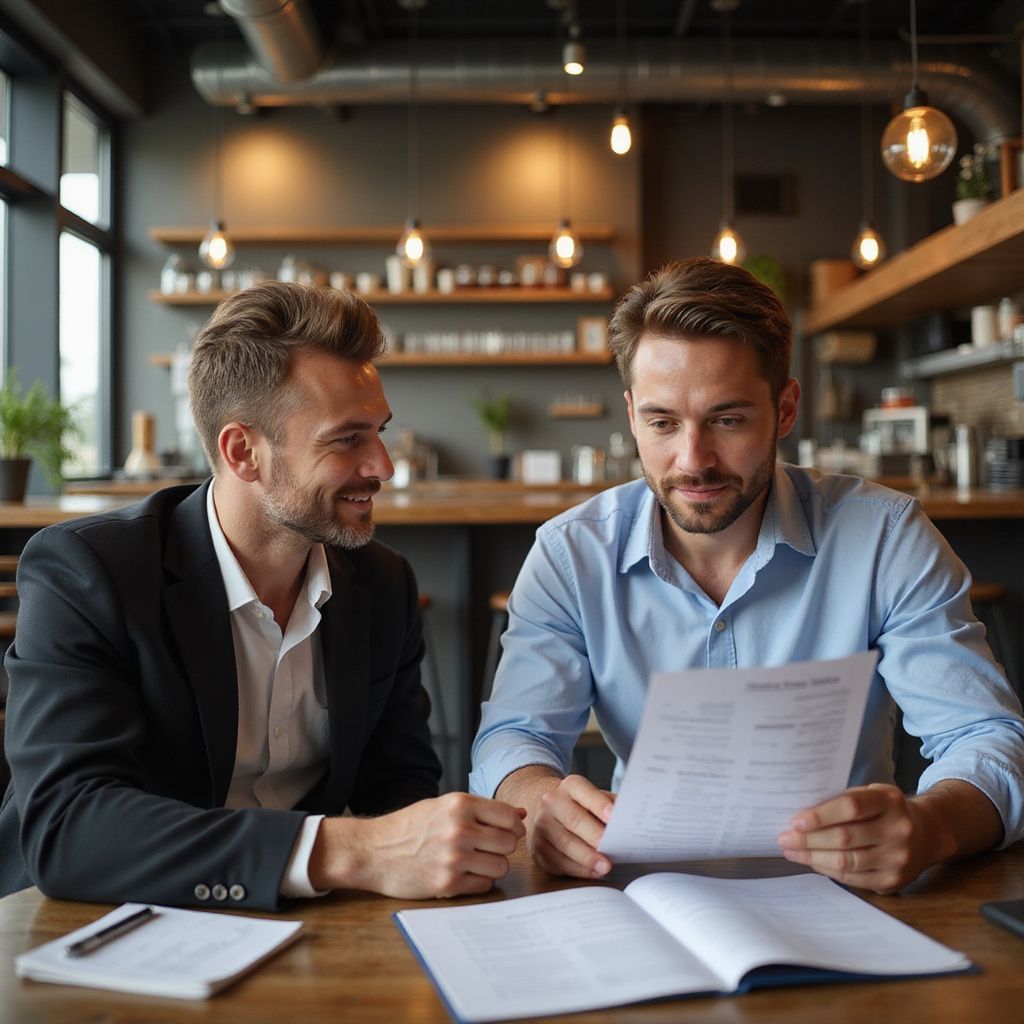 Two men reviewing documents at a table in a cafe; one smiles, the other reads intently.