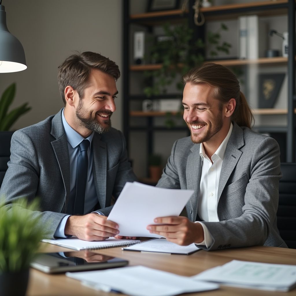 Two men in suits reviewing documents, smiling, at a desk in an office.