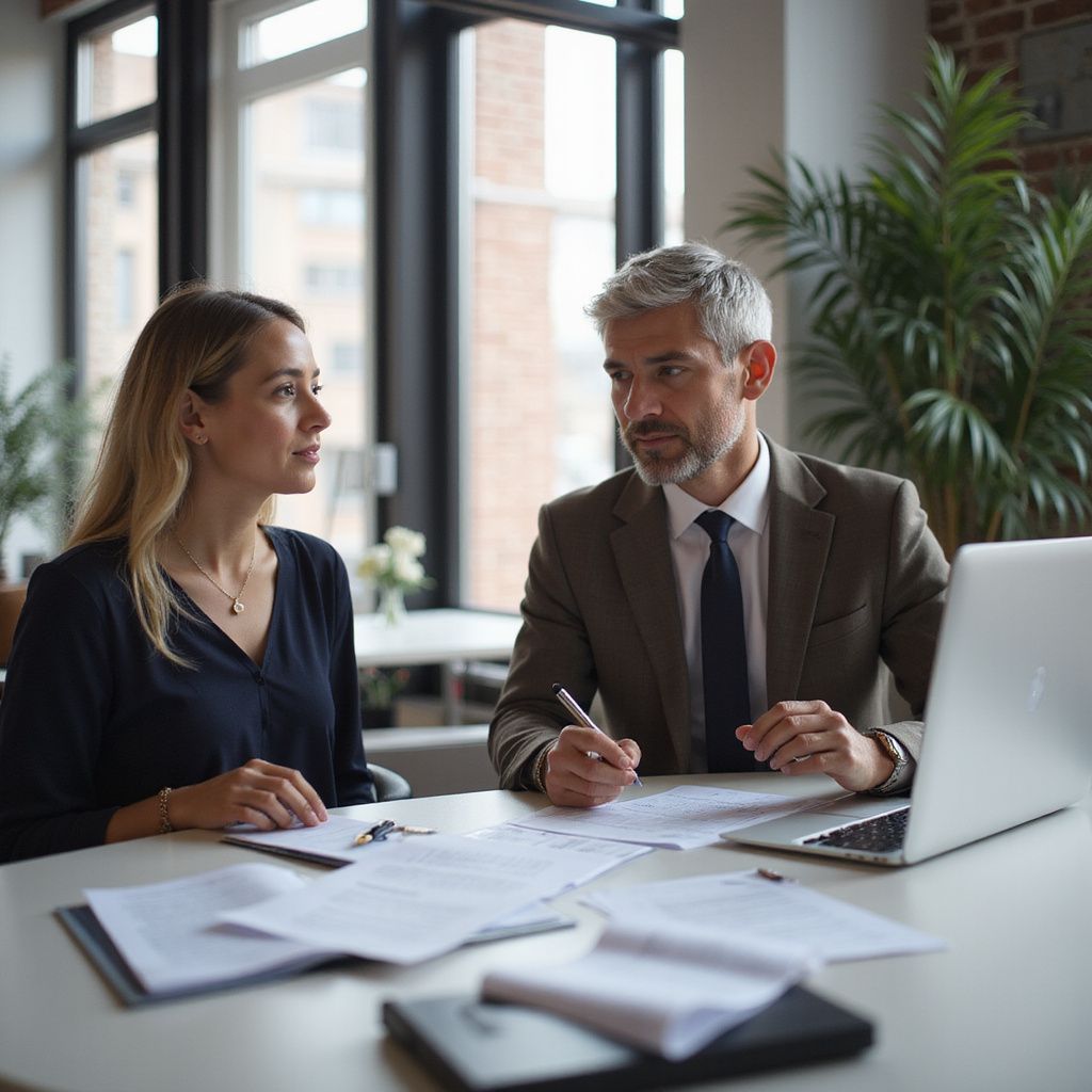 Woman and man at a table, looking at papers and a laptop, discussing. Indoor office setting.