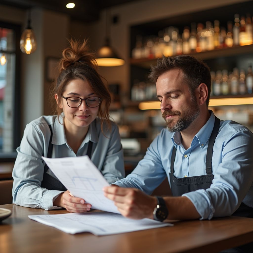 Two restaurant staff members reviewing paperwork at a table.