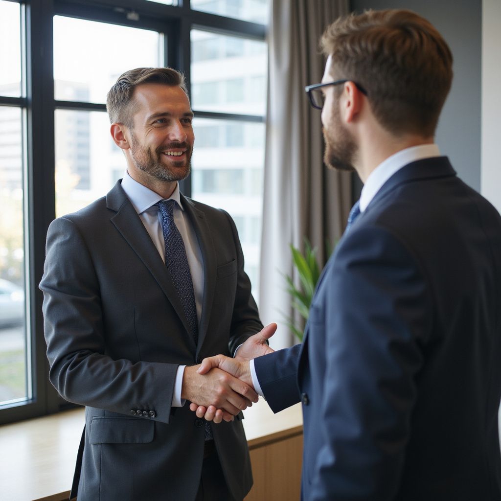 Two men in suits shaking hands near a window. One smiles.