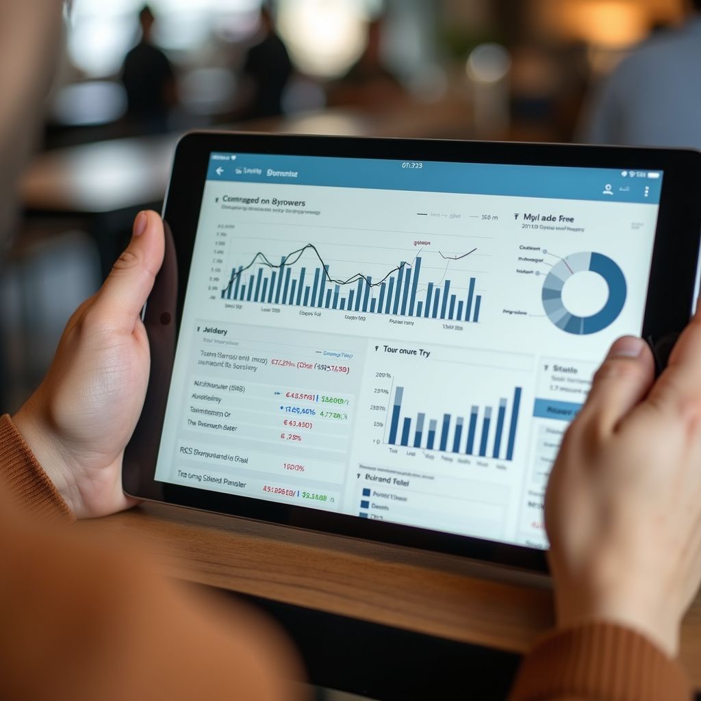 Person holding a tablet displaying business data charts and graphs in a cafe setting.