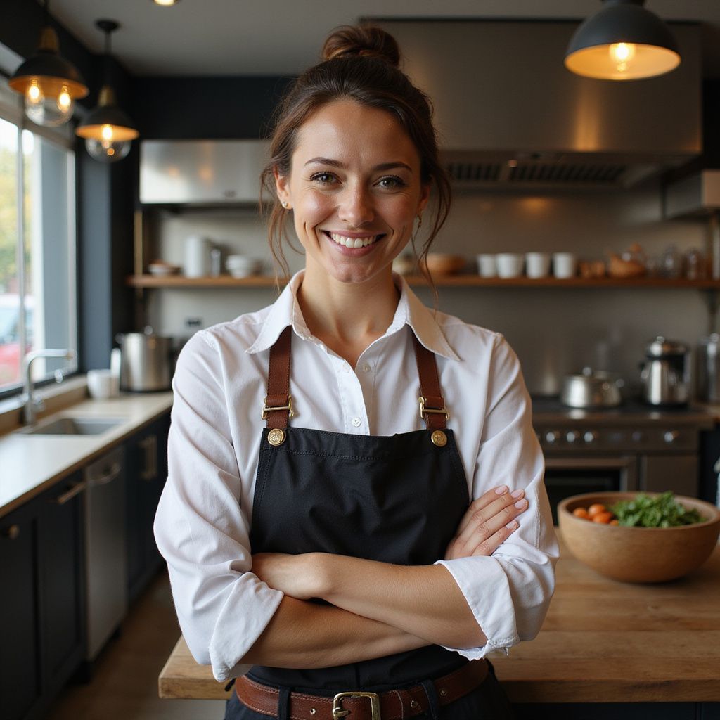 Woman with arms crossed, smiling in a restaurant kitchen, wearing an apron.