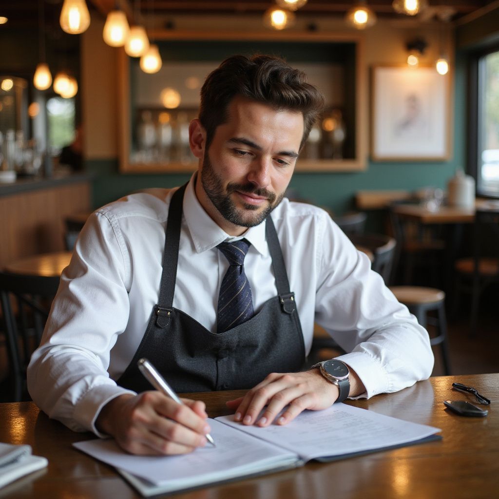 A man in a white shirt and apron writes in a notebook at a restaurant table.
