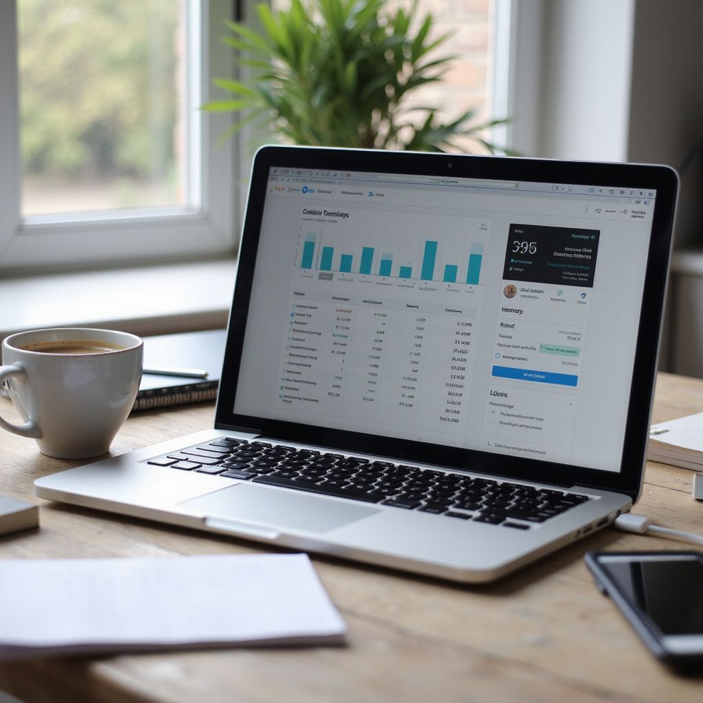 Laptop displaying data charts, mug of coffee, smartphone, and papers on a wooden desk near a window.